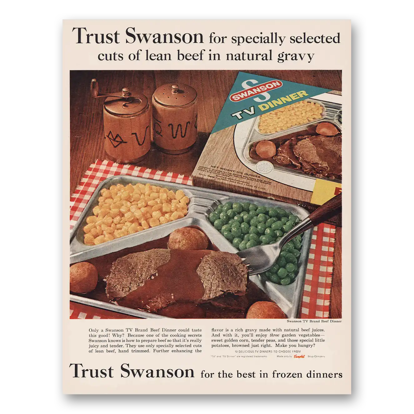 1962 Swanson TV Dinner Beef Dinner Vintage Magazine Print Ad