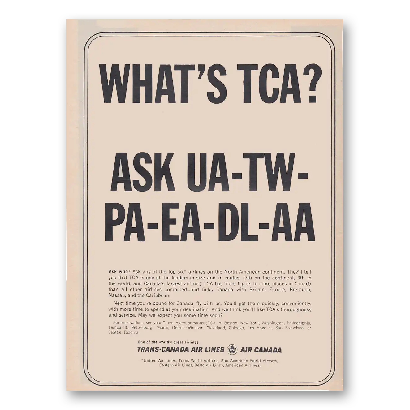 1962 TCA Air Canada Whats TCA Ask UA TW PA EA DL AA Vintage Magazine Print Ad