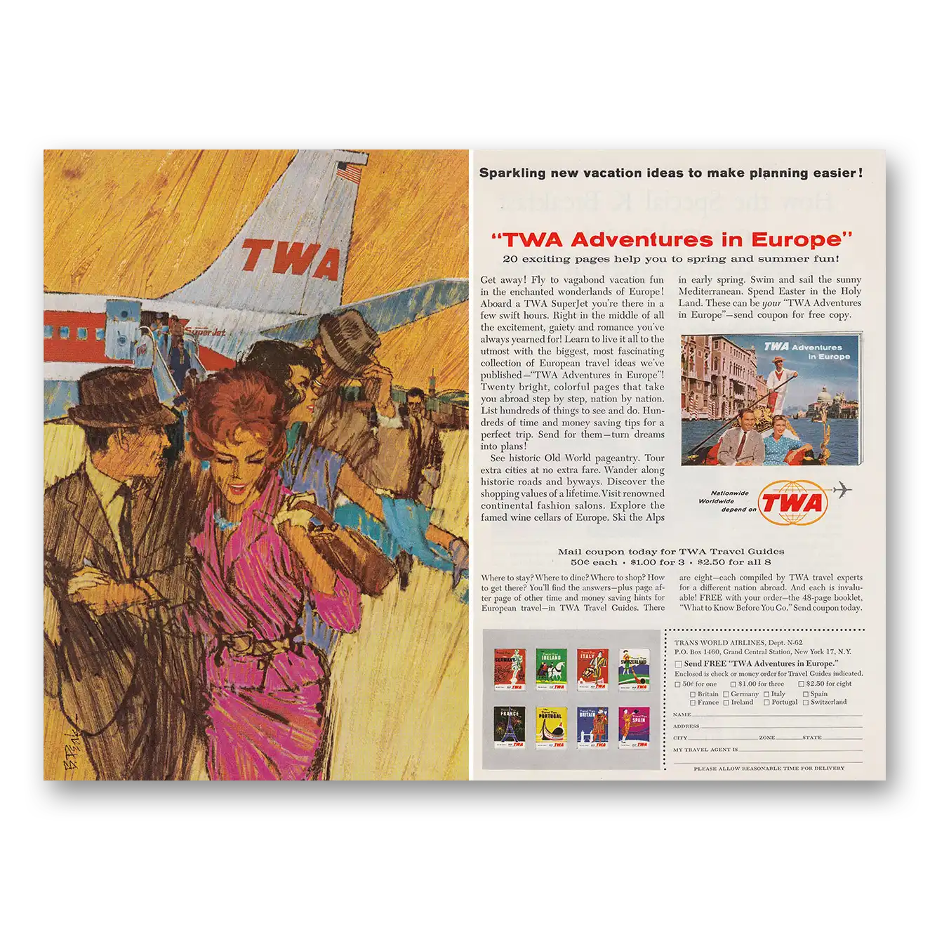 1962 TWA Airlines Adventures in Europe Get Away Vintage Magazine Print Ad