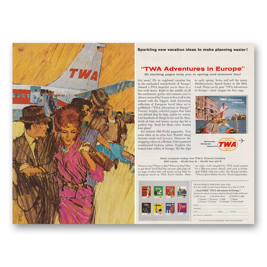 1962 TWA Airlines Adventures in Europe Get Away Vintage Magazine Print Ad