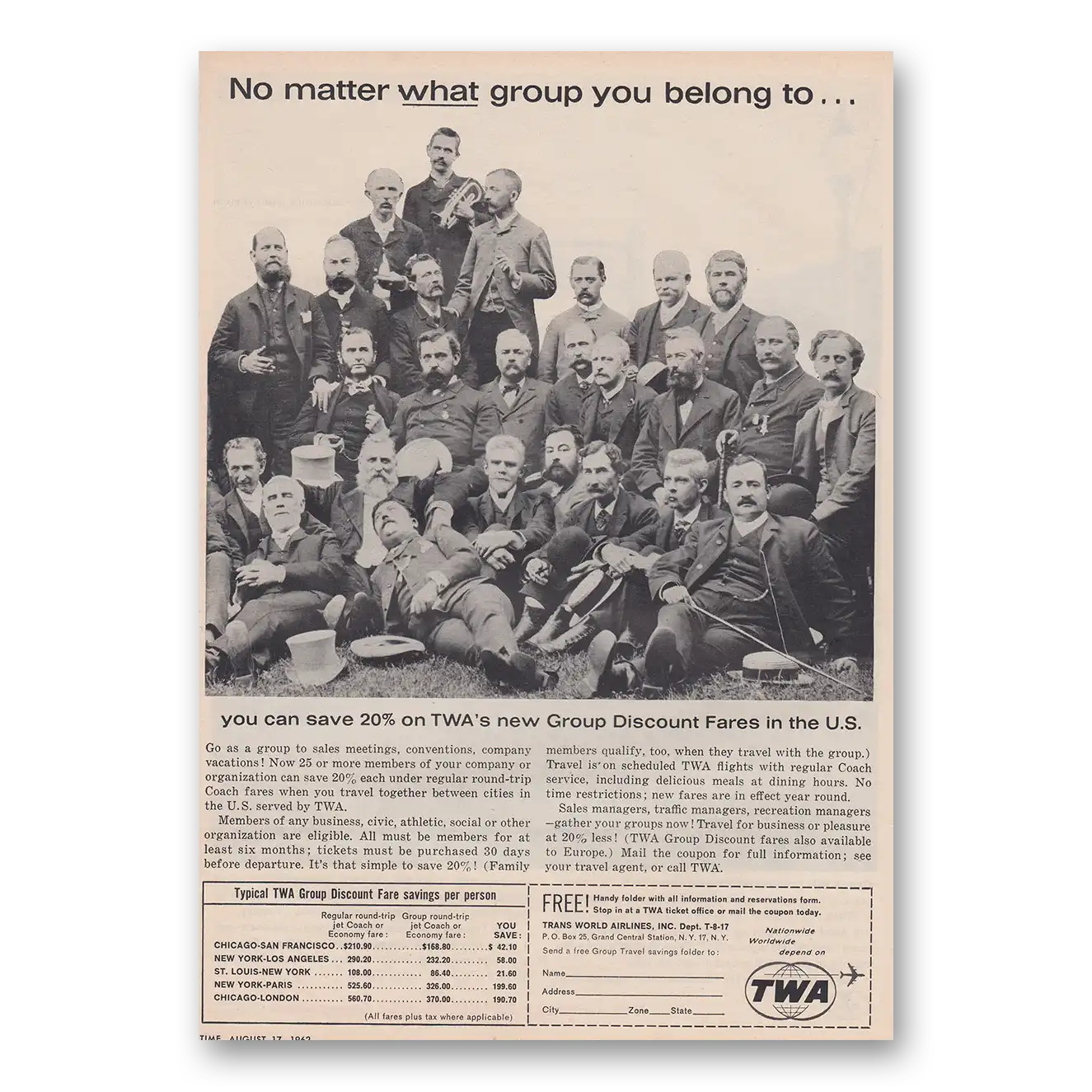 1962 TWA Airlines No Matter What Group You Belong To Vintage Magazine Print Ad