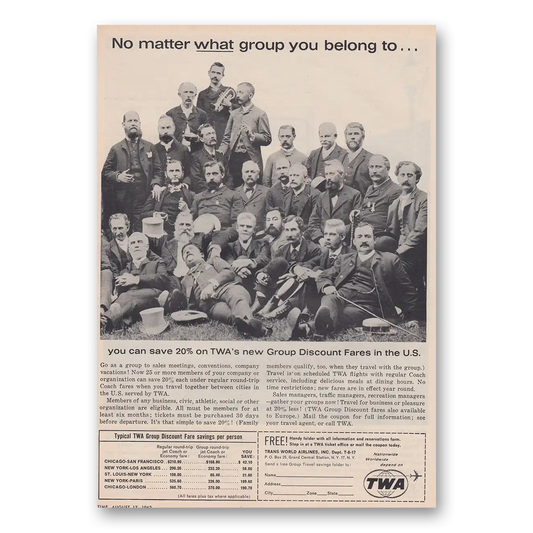 1962 TWA Airlines No Matter What Group You Belong To Vintage Magazine Print Ad