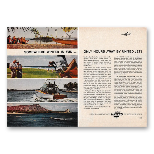 1962 United Airlines Somewhere Winter Is Fun Vintage Magazine Print Ad