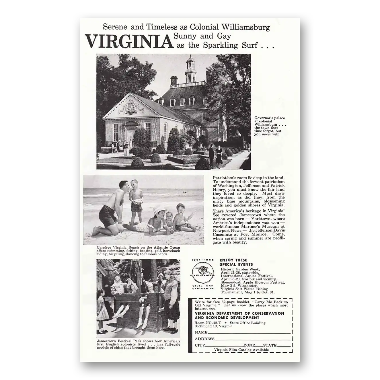 1962 Virginia Serene and Timeless as Colonial William Vintage Magazine Print Ad