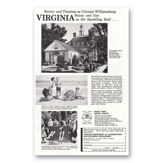 1962 Virginia Serene and Timeless as Colonial William Vintage Magazine Print Ad