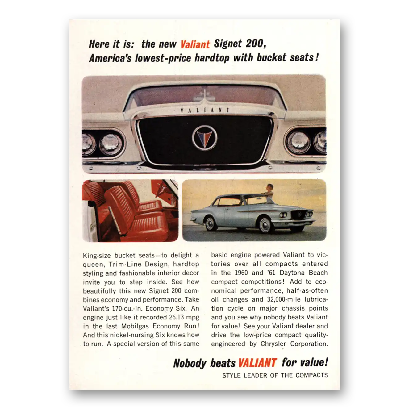 1962 Plymouth Valiant Signet 200 Hardtop with Bucket Seats Vintage Magazine Print Ad