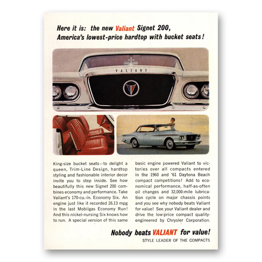 1962 Plymouth Valiant Signet 200 Hardtop with Bucket Seats Vintage Magazine Print Ad