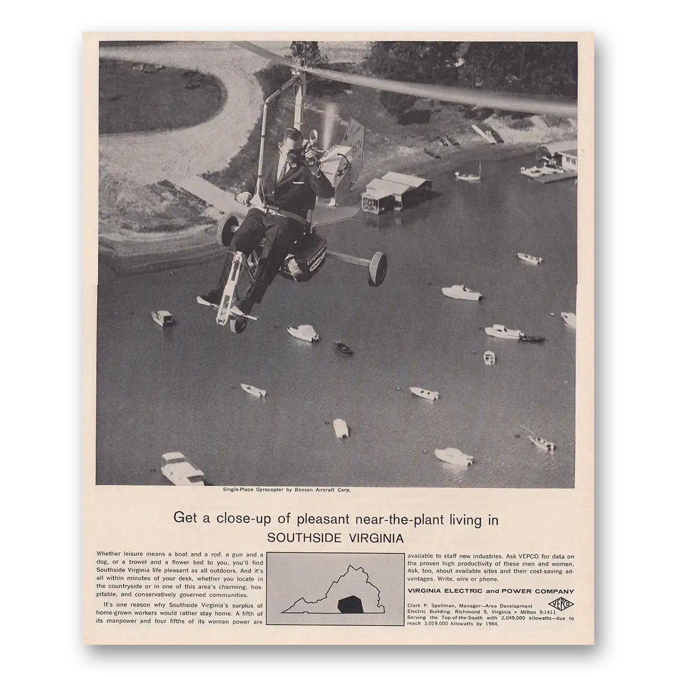 1962 Virginia Pleasant Near the Plant Living Gyrocopter Vintage Magazine Print Ad