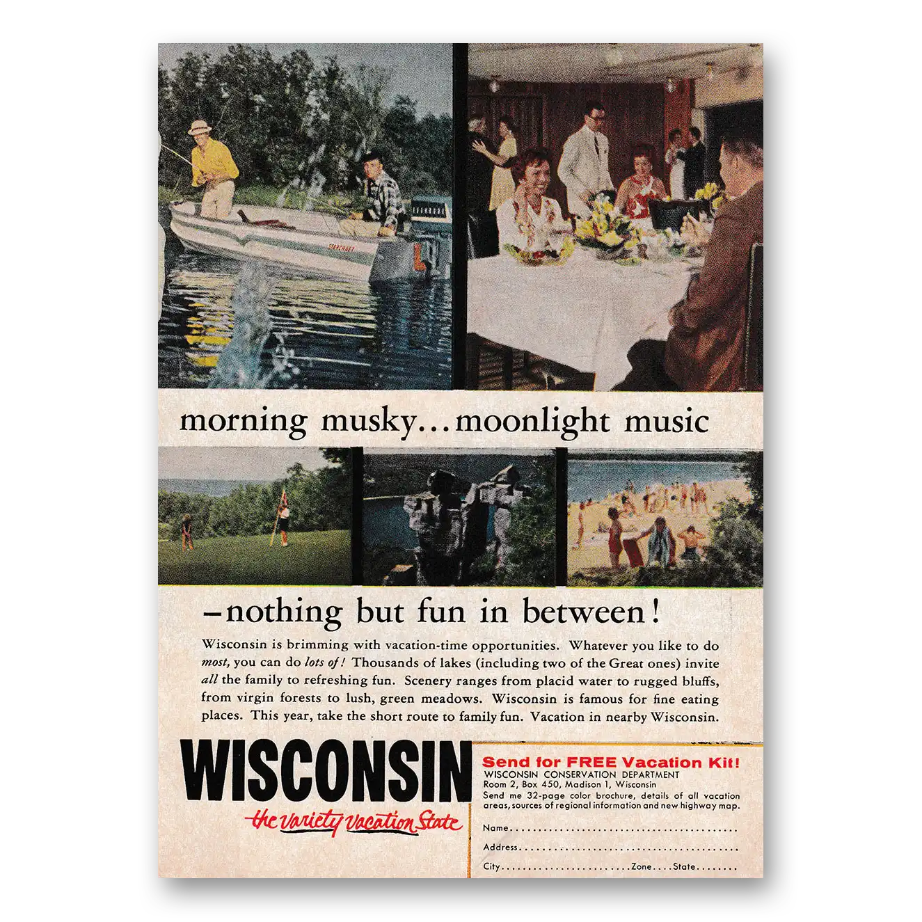 1962 Wisconsin Morning Musky Moonlight Music Vintage Magazine Print Ad