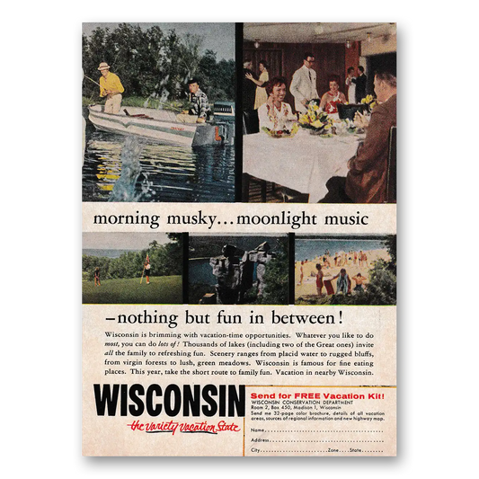 1962 Wisconsin Morning Musky Moonlight Music Vintage Magazine Print Ad