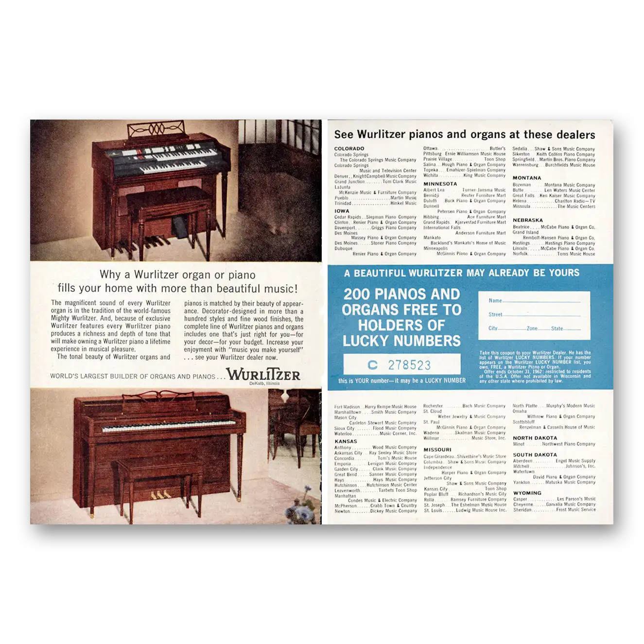 1962 Wurlitzer Organ Organs and Pianos Fills Your Home Vintage Magazine Print Ad