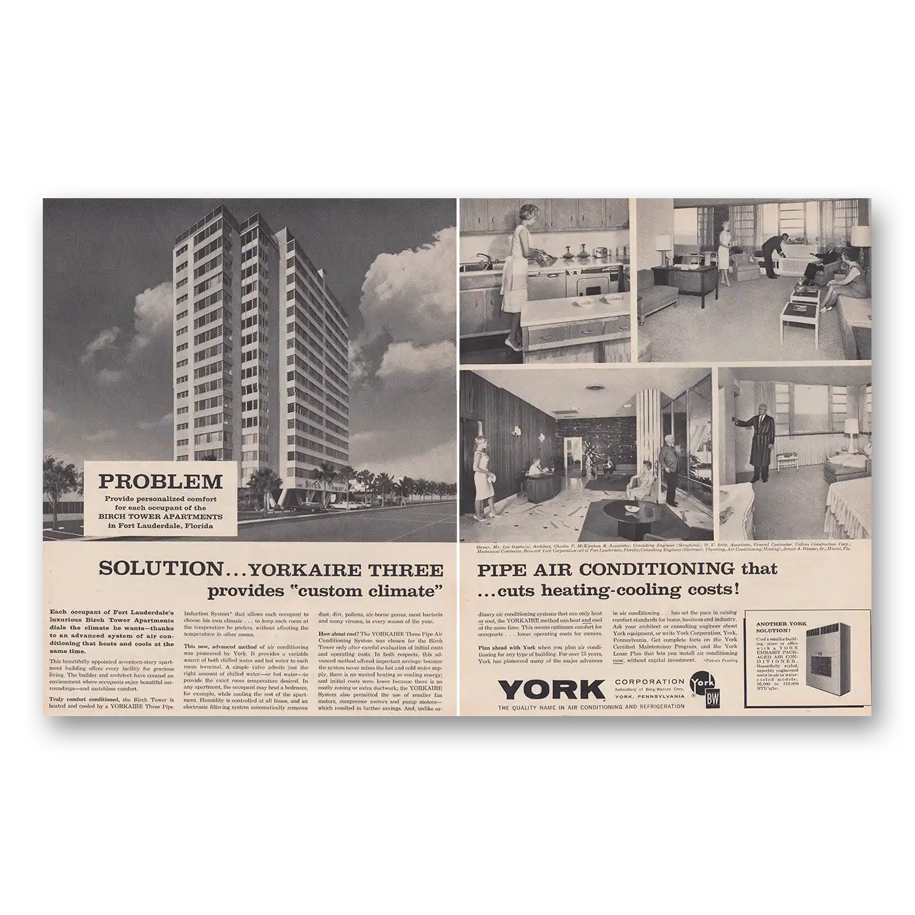 1962 York Air Conditioning Birch Tower Apartments Vintage Magazine Print Ad