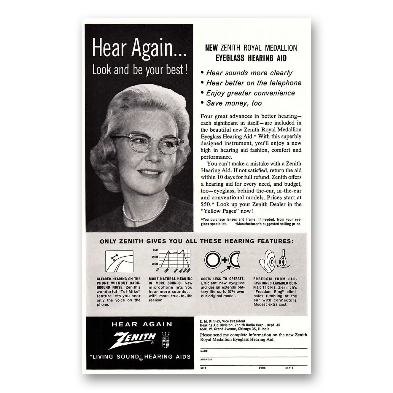 1962 Zenith Hearing Aid Hear Again Eyeglass Hearing Aid Vintage Magazine Print Ad