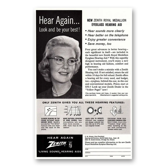 1962 Zenith Hearing Aid Hear Again Eyeglass Hearing Aid Vintage Magazine Print Ad