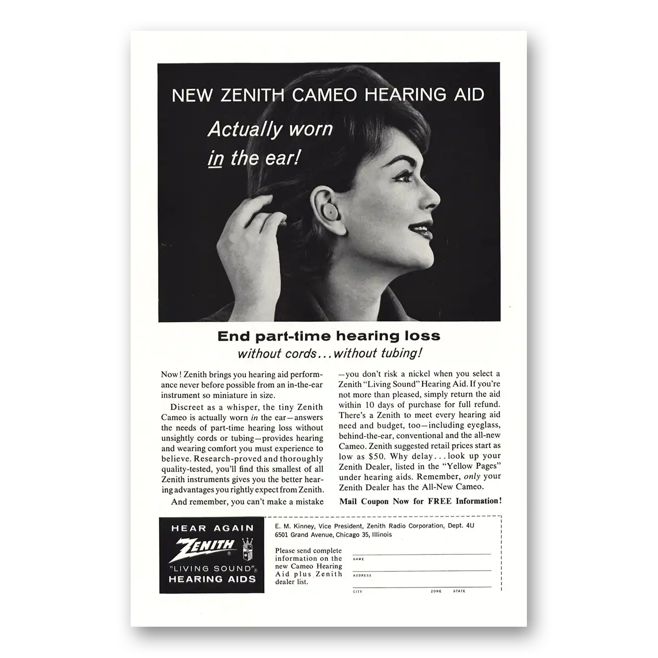 1962 Zenith Hearing Aid Cameo Hearing Aid Worn in the Ear Vintage Magazine Print Ad