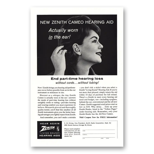 1962 Zenith Hearing Aid Cameo Hearing Aid Worn in the Ear Vintage Magazine Print Ad