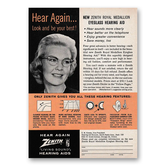 1962 Zenith Hearing Aid Eyeglass Hearing Aid Vintage Magazine Print Ad