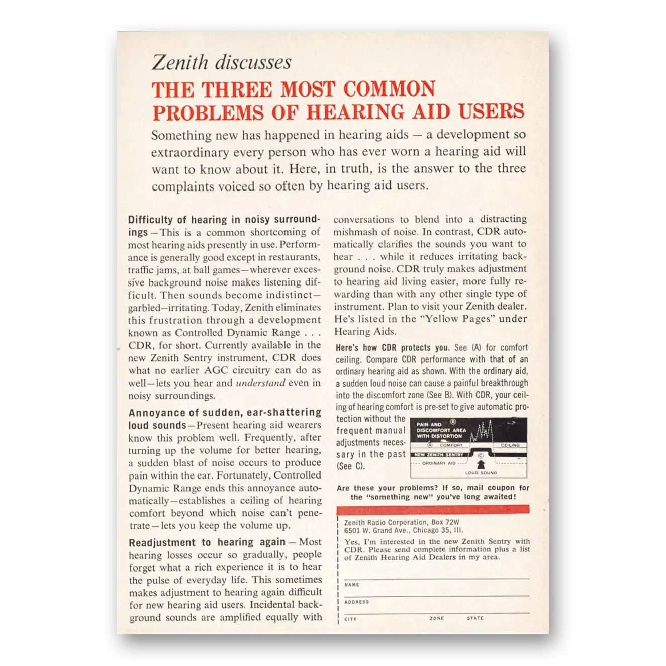 1962 Zenith Hearing Aid Most Common Problems of Hearing Aid Users Vintage Magazine Print Ad