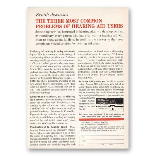 1962 Zenith Hearing Aid Most Common Problems of Hearing Aid Users Vintage Magazine Print Ad