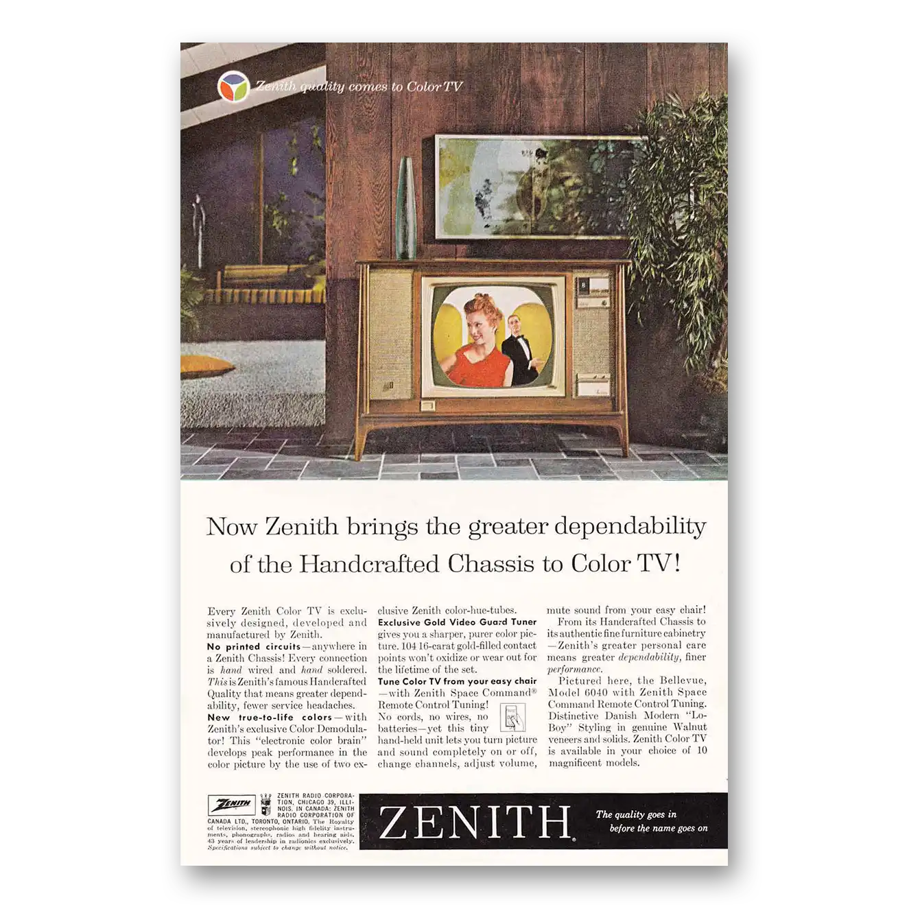 1962 Zenith Television Handcrafted Chassis to Color TV Vintage Magazine Print Ad