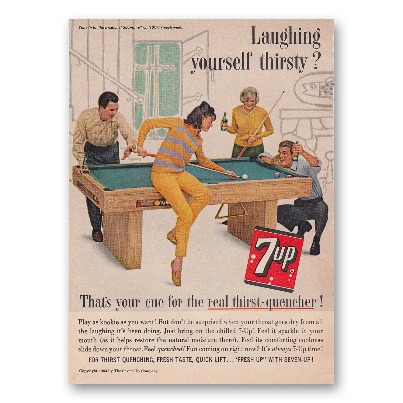 1963 7Up Laughing Yourself Thirsty Pool Table Vintage Magazine Print Ad