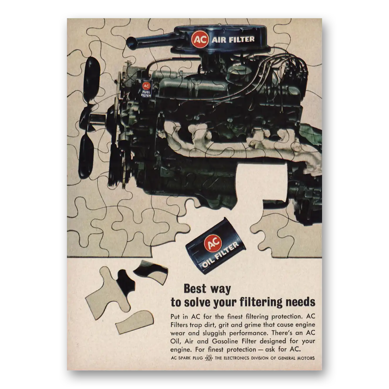 1963 AC Oil Filter Solve Your Filtering Needs Puzzle Vintage Magazine Print Ad