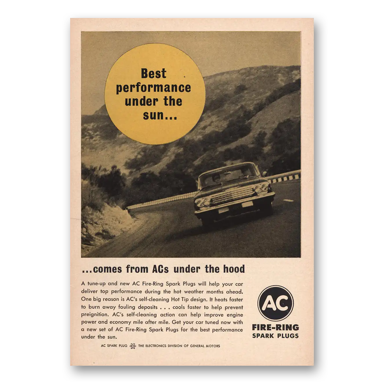 1963 AC Spark Plugs Best Performance Under the Sun Vintage Magazine Print Ad