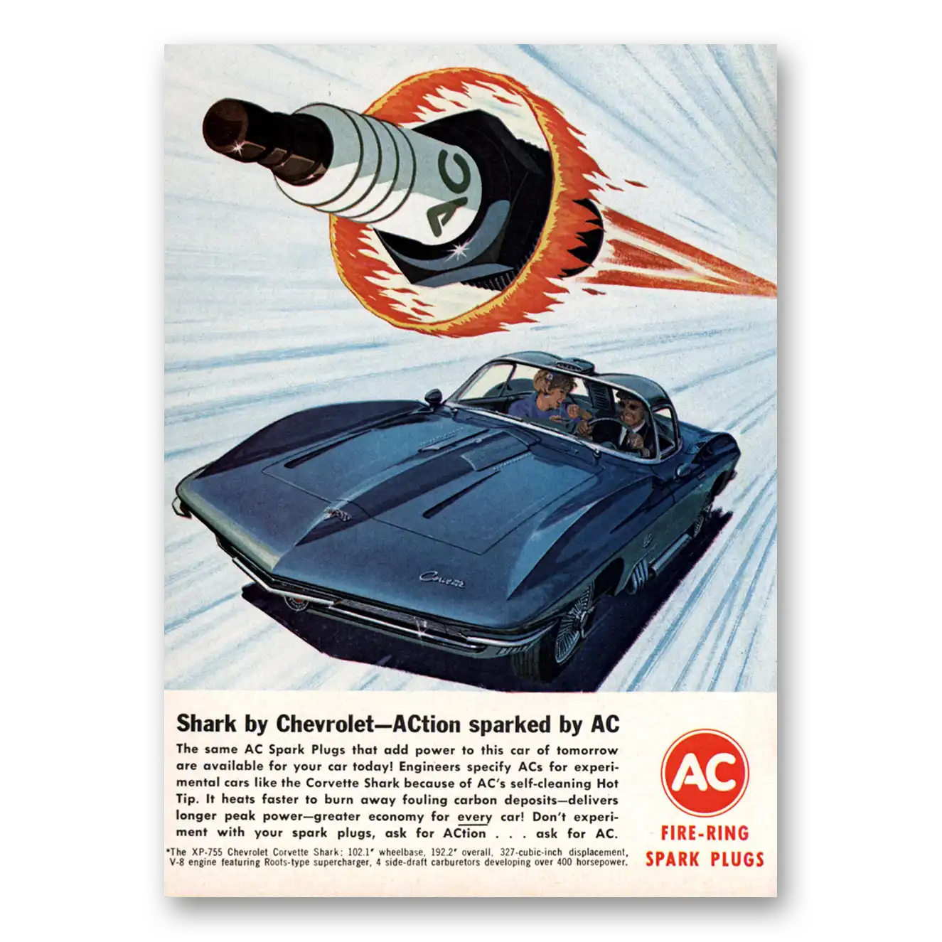 1963 AC Spark Plugs Shark by Chevrolet Vintage Magazine Print Ad