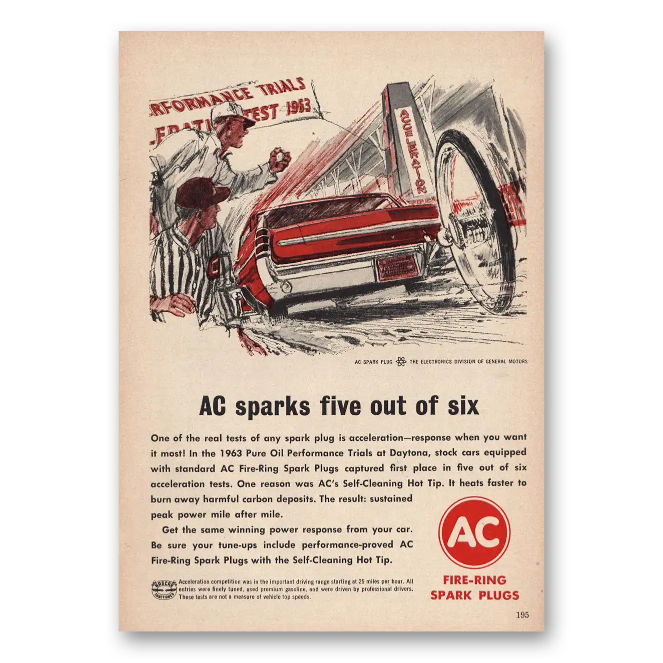 1963 AC Spark Plugs Performance Trials Sparks Five Out of Six Vintage Magazine Print Ad