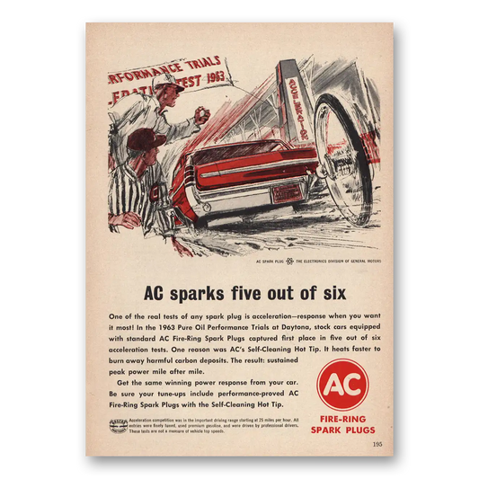 1963 AC Spark Plugs Performance Trials Sparks Five Out of Six Vintage Magazine Print Ad