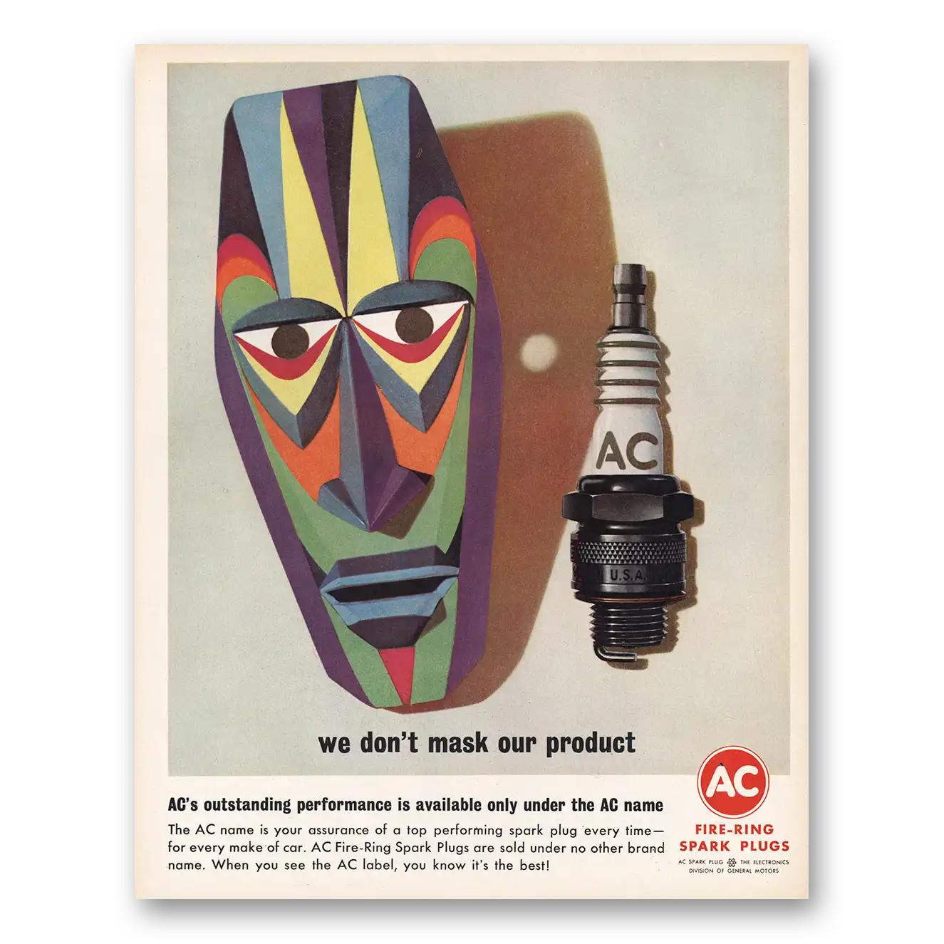 1963 AC Spark Plugs We Don't Mask Our Product Vintage Magazine Print Ad