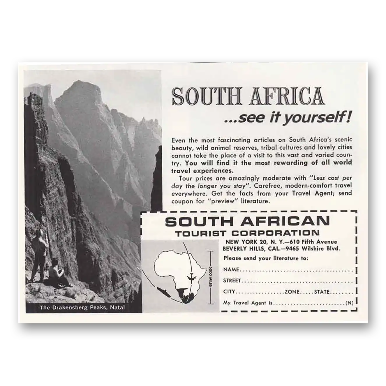 1963 South Africa Drakensberg Peaks Natal Vintage Magazine Print Ad