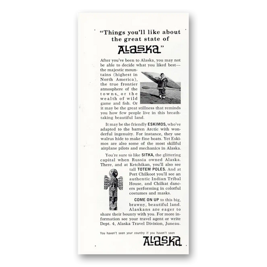 1963 Alaska Things Like About the Great State Vintage Magazine Print Ad