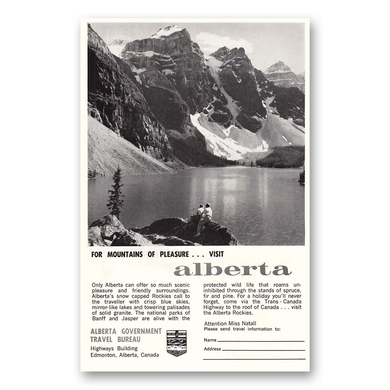 1963 Alberta Canada For Mountains of Pleasure Vintage Magazine Print Ad