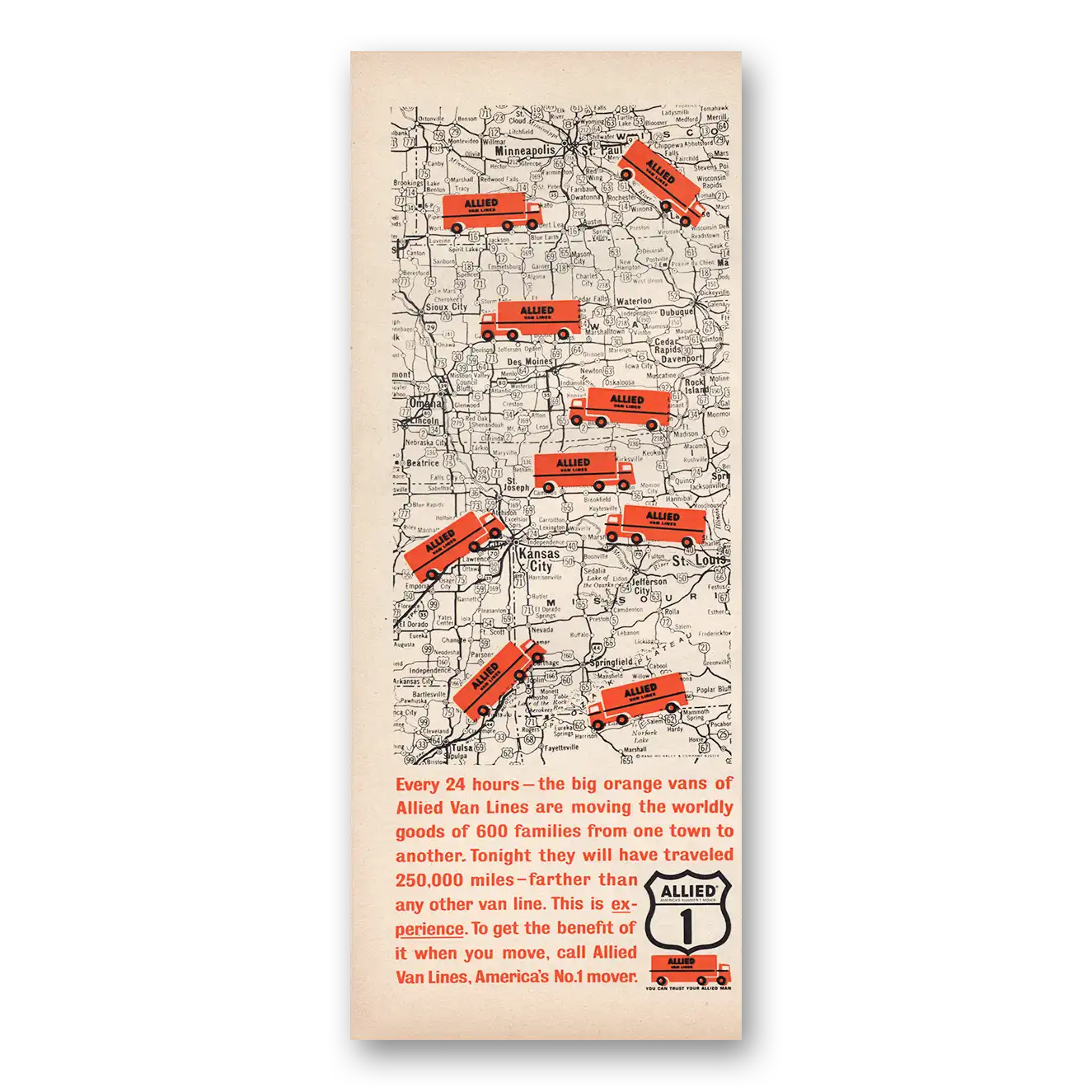 1963 Allied Van Lines Every 24 Hours Big Orange Vans Vintage Magazine Print Ad