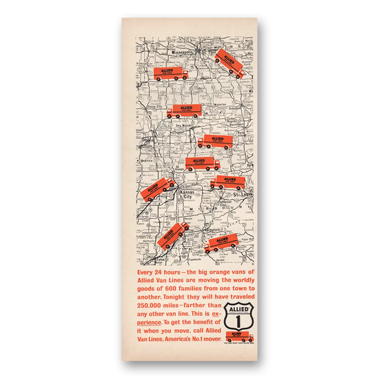 1963 Allied Van Lines Every 24 Hours Big Orange Vans Vintage Magazine Print Ad