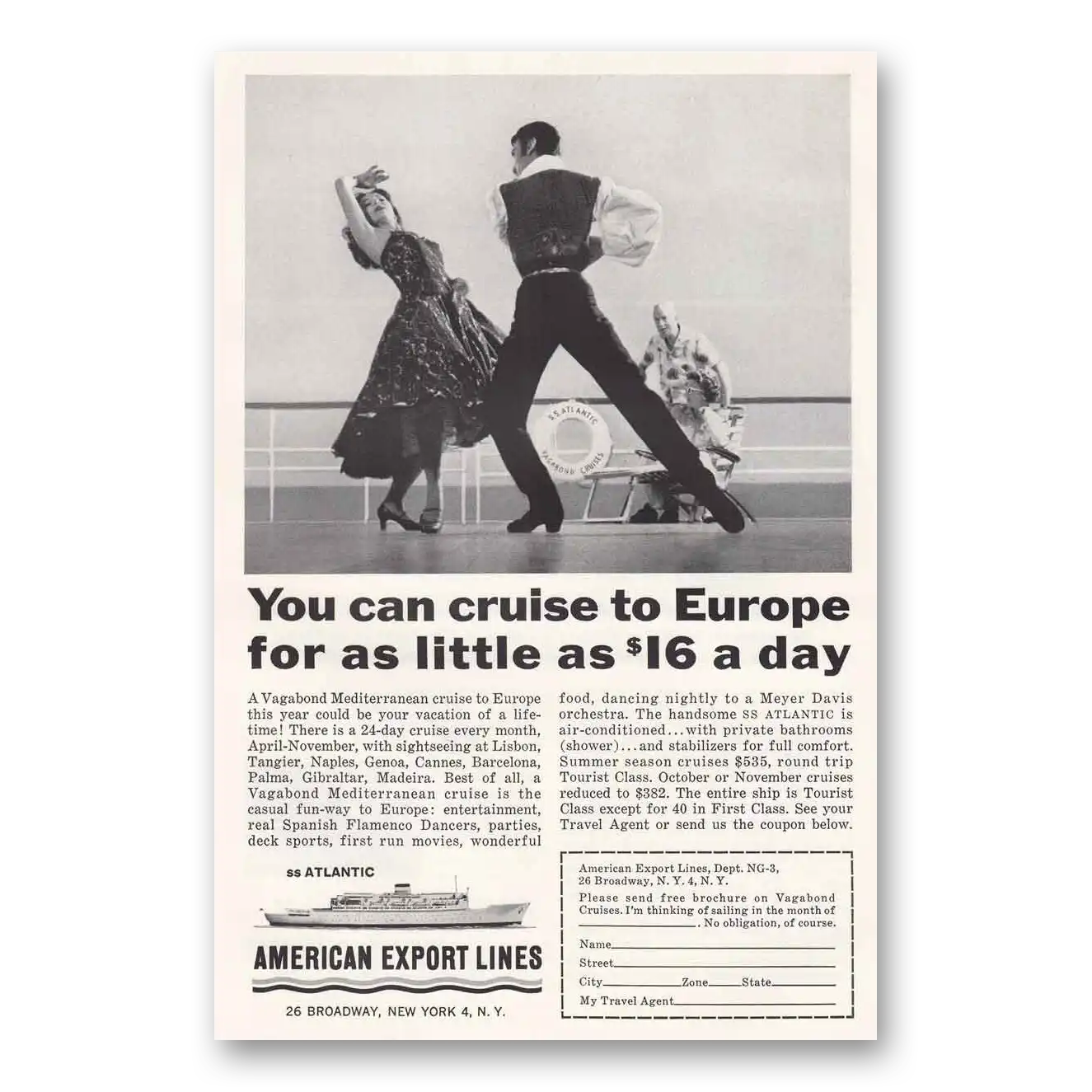 1963 American Export Lines Dancers Vagabond Vintage Magazine Print Ad