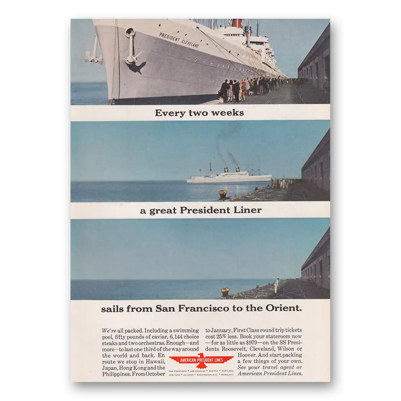 1963 American President Lines Every Two Weeks a Great President Liner Sails Vintage Magazine Print Ad