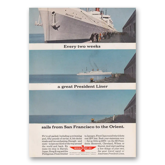 1963 American President Lines Every Two Weeks a Great President Liner Sails Vintage Magazine Print Ad