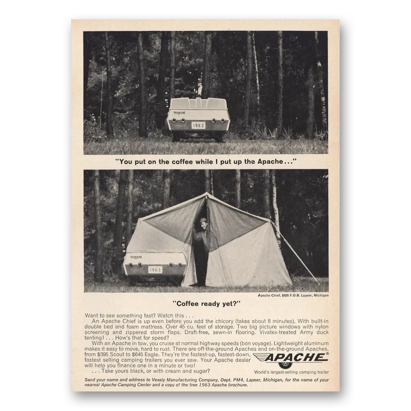 1963 Apache Camping Trailer Put On the Coffee Vintage Magazine Print Ad