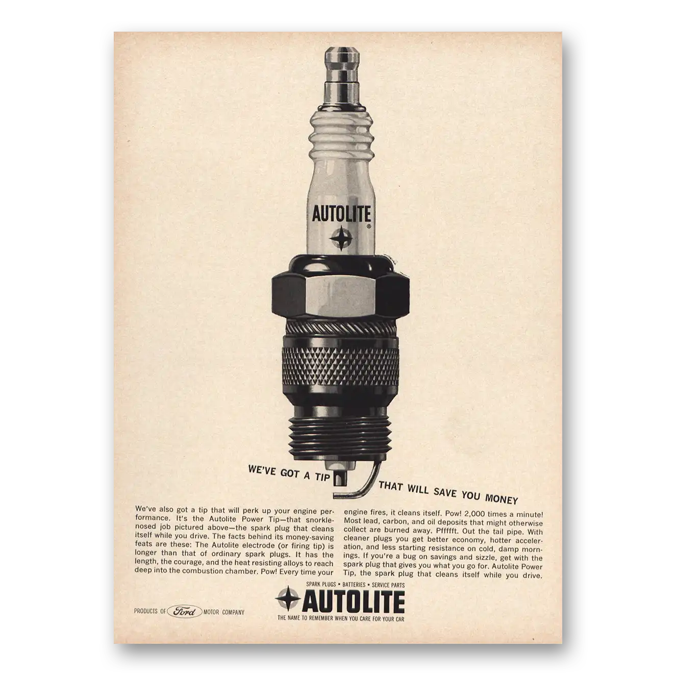 1963 Autolite Spark Plugs Got a Tip That Will Save Money Vintage Magazine Print Ad