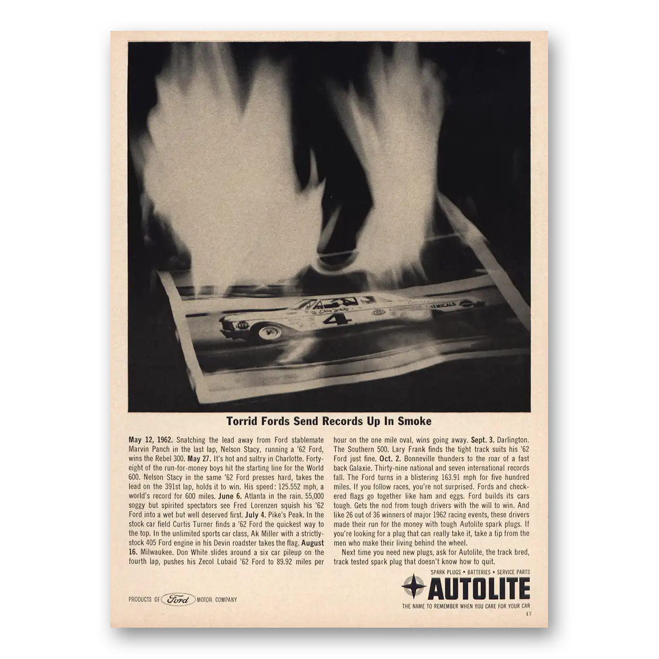 1963 Autolite Spark Plugs Torrid Fords Send Records Up In Smoke Vintage Magazine Print Ad