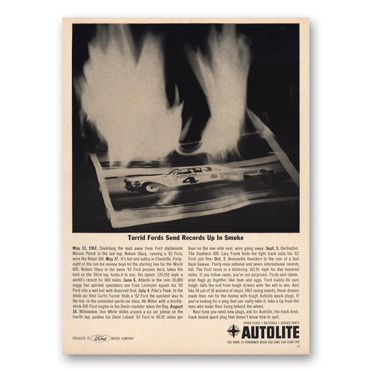 1963 Autolite Spark Plugs Torrid Fords Send Records Up In Smoke Vintage Magazine Print Ad