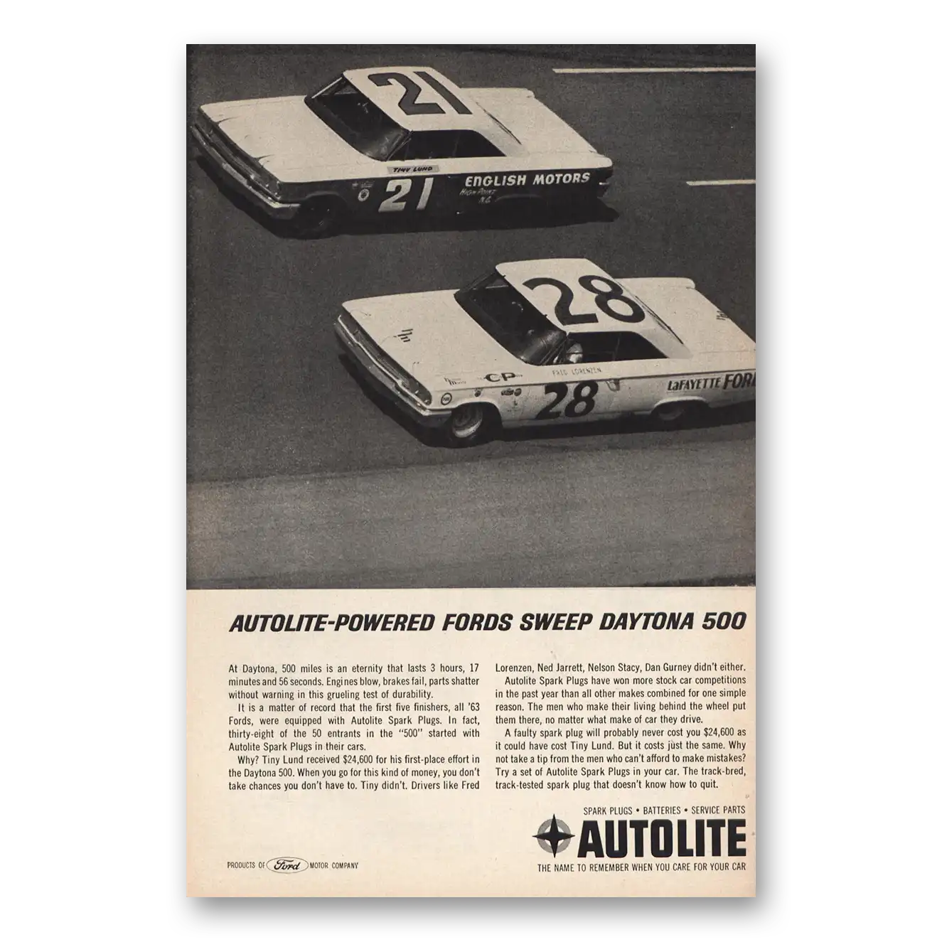 1963 Autolite Spark Plugs Powered Fords Sweep Daytona 500 Vintage Magazine Print Ad