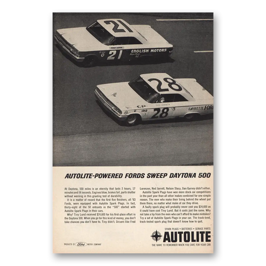 1963 Autolite Spark Plugs Powered Fords Sweep Daytona 500 Vintage Magazine Print Ad