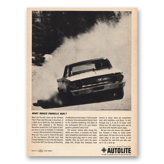 1963 Autolite Spark Plugs Makes Parnelli Run Vintage Magazine Print Ad