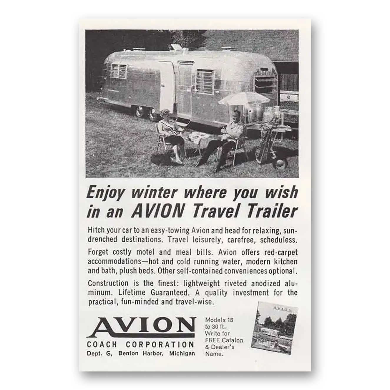 1963 Avion Coach Enjoy Winter Where You Wish Lawn Chairs Vintage Magazine Print Ad