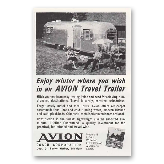 1963 Avion Coach Enjoy Winter Where You Wish Lawn Chairs Vintage Magazine Print Ad