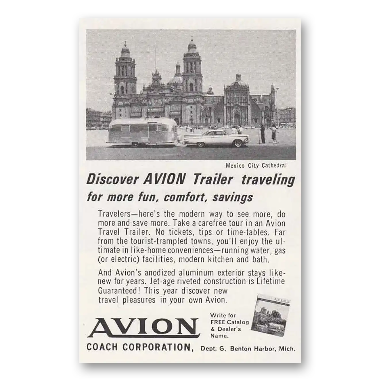 1963 Avion Coach Trailer Mexico City Cathedral Vintage Magazine Print Ad