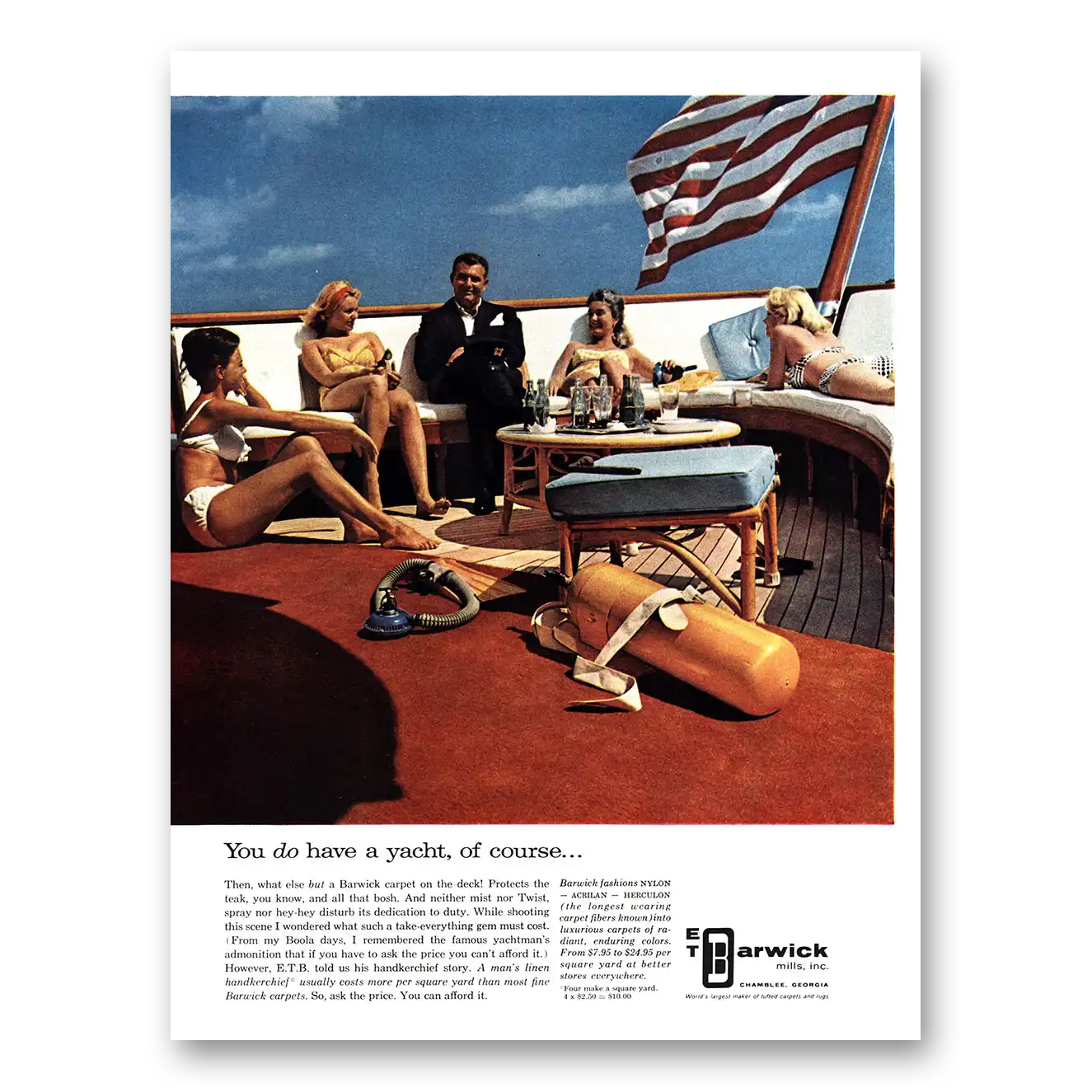 1966 Barwick Mills Carpet You Do Have a Yacht of Course Vintage Magazine Print Ad